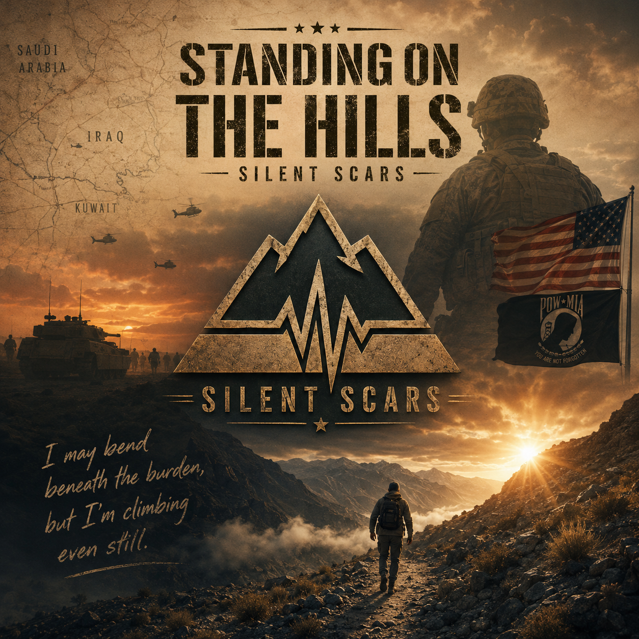 Standing on the Hills — Silent Scars album cover: a soldier walking toward sunlit hills